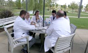 group of residents having lunch in the courtyard